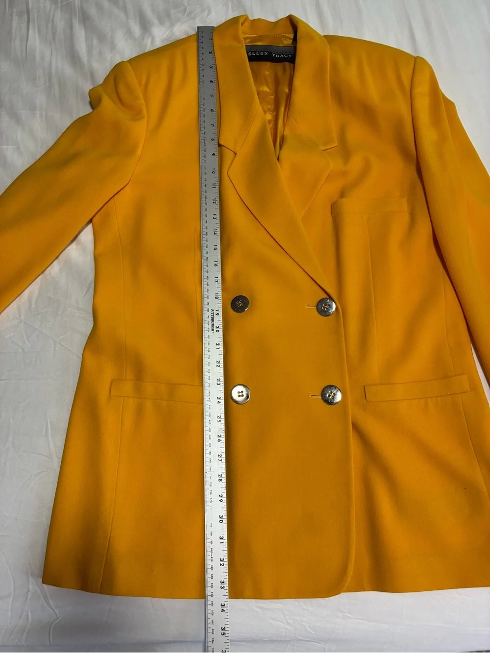 VTG 90s Ellen Tracy 12 Bright YL 💯 Wool Double-Breasted Blazer Silver Buttons